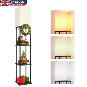 LED Floor Lamp Modern Standing 4-tier Storage Display Shelf Wooden Lounge Light - Picture 1 of 12