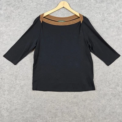 Топ Lauren Ralph Lauren женский размер 1X черный рукав 3/4 вырез лодочка коричневая отделка - Изображение 1 из 4
