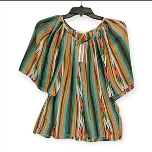 Tulle Top Womens Medium Striped Flutter Sleeves Boho Peasant Blouse Indian Shirt - Picture 1 of 7