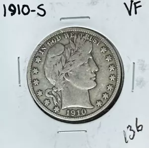 1910-S BARBER SILVER HALF DOLLAR ~ VF ~NICE COIN~ - Picture 1 of 2