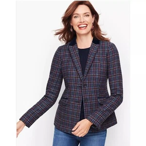 Talbots Petite 12P Blue Mistletoe Plaid Shetland Wool Blend Blazer Velvet Collar - Picture 1 of 14
