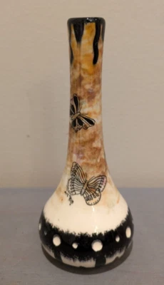 Mana Pottery Arizona USA 1984 Bud Vase Black Brown Earthtones Butterflies 5.5in - Image 1 of 4