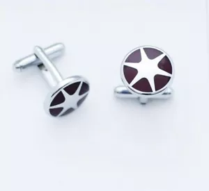 C0275 CUFF LINKS CUFFLINKS SILVER FLOWER BURGUNDY ENAMEL WHEEL SPOKES LIKE SHAPE - Picture 1 of 1