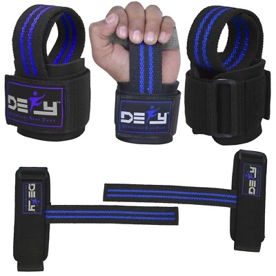 DEFY SPORTS™ Weight Lifting Power Straps Wrist Support Black With Blue Stripes