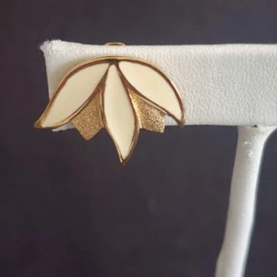 Vintage Monet Cream Enamel and Gold Tone Lotus Blossom Clip-on Earrings 1960's - Image 1 of 4
