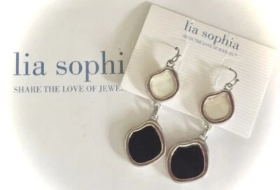 NWT - LIA SOPHIA "MILKY WAY" DANGLE EARRINGS - BLACK ENAMEL & MOP - 2010/$30 - Image 1 of 3
