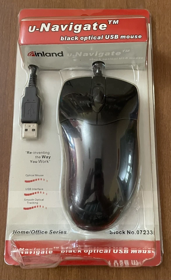 NEW SEALED Inland U-Navigate Optical Wired Mouse USB Black 07233 FREE SHIPPING - Image 1 of 4