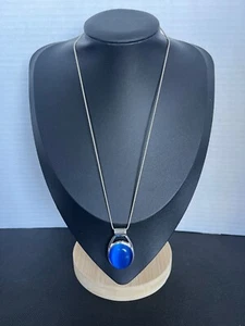 Vintage Silver Necklace Blue Glass Cabochon Pendant - Picture 1 of 10