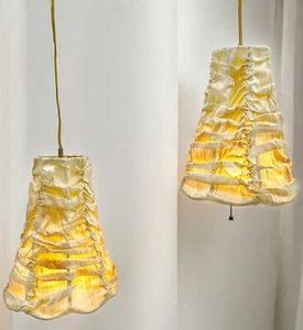 2 Vintage Ruffled Beige Fabric Pendant Lamps - Picture 1 of 5