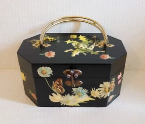 Vintage Annie Laurie Palm Beach Butterfly and Flowers Black Hard Shell Box Purse - Picture 1 of 8