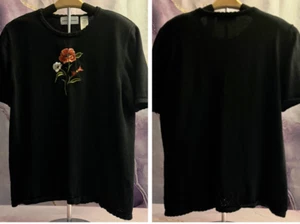 Alfred Dunner Vintage Woman's Floral embroidered Short Sleeve Black Sweater Lg - Picture 1 of 20
