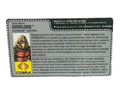 Gi Joe Cobra action figure military Hasbro FILE CARD ONLY Overlord Dictator 1990 - Image 1 of 3