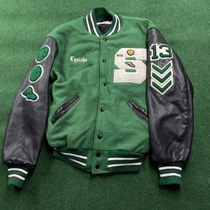 Vintage Letterman Jacket Mens M Green 80S Dragons Wool Leather School Varsity - Picture 1 of 11
