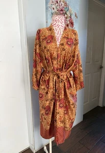 Rizky Indonesian Batik Kimono Robe Silk (Per Tag) Duster Wrap Marigold Floral OS - Picture 1 of 10