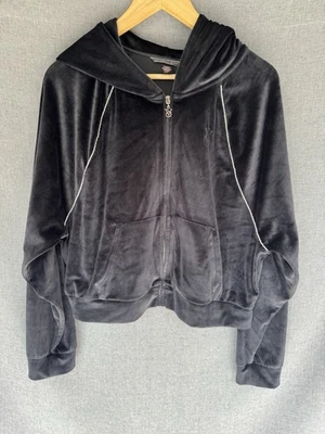 Victoria’s Secret Lg On Point Women Black Velour Full Zip Rhinestone Jacket Hood - Image 1 of 4
