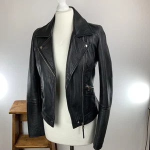 Zara TRF Black Very Soft Leather Biker-Style Cropped Jacket Fully Lined Size S/8 - Picture 1 of 12