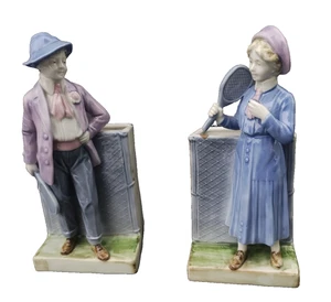 Antique German Porcelain Man And Woman Tennis Players Rackets Box Vases - Picture 1 of 18