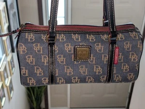 Vtg Dooney & Bourke Signature Denim Y2K Small Zip-Top Canvas Leather Bag Purse - Picture 1 of 9