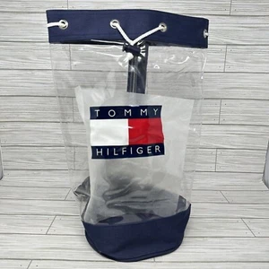 Tommy Hilfiger Flag Drawstring Backpack Beach Bag Clear Vinyl Blue Canvas 90s - Picture 1 of 9
