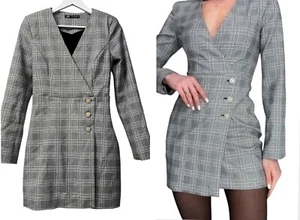 Zara Plaid Faux Wrap Blazer Mini Dress XS Rhinestone Buttons Workwear Party - Picture 1 of 18