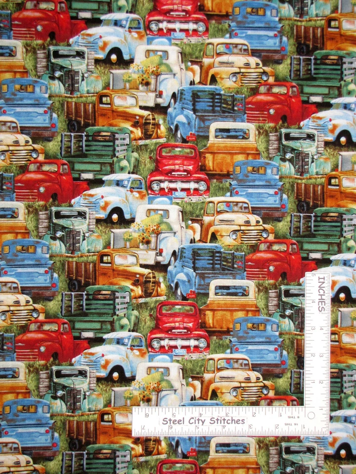 Elizabeth's Studio Vintage Antique Pickup Trucks 100 Cotton Quilt Fabric BTY