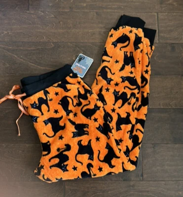 Pillow Talk  womens Halloween Black Cat Print Plush Pajama Pants New Orange XL - Изображение 1 из 2