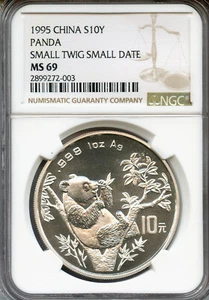China 1995 1 ounce SILVER 10 Yuan Panda NGC MS69 SMALL TWIG / MICRO DATE - Picture 1 of 2
