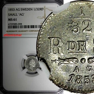 Sweden Oscar I Silver 1853 AG 1/32 Riksdaler NGC MS61 SMALL "AG" KM# 681 (98) - Picture 1 of 4