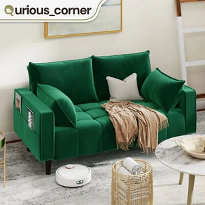 56.7" 2-Seater Velvet Sofa Green Fabric Couch Loveseat with 2 Pillow Living Room - Picture 1 of 11