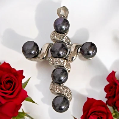 Colgante Perla Negra Tono Plateado con Estrás - 2" Elegante Joyería Distintiva Foto 1 de 4