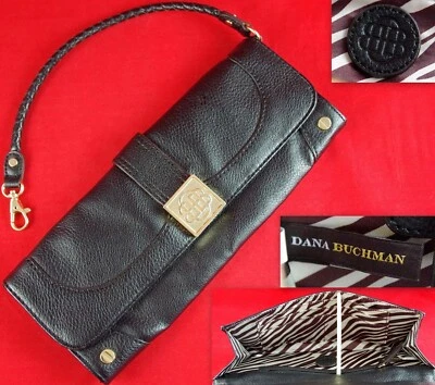 Elongated! 11" DANA BUCHMAN BLACK VEGAN LEATHER ZEBRA LINING WRISTLET CLUTCH BAG - Image 1 of 4