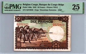 Belgian Congo 10 Francs 1942 Pick# 14Ba PMG 25 Very Fine  - Picture 1 of 11