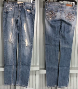 Project Indigo Stretch Denim Blue Jeans Skinny Size 1 Distressed Jeweled Glitz - Picture 1 of 10