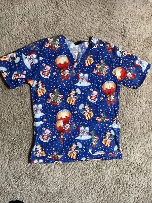 Barco Womens Fun Christmas Retro Design Scrub Top Sz Medium Multicolor Cats Dogs - Image 1 of 3