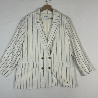 Blazer Old Navy para mujer XL de lino azul marino crema carbón rayas doble pecho nuevo con etiquetas Foto 1 de 4