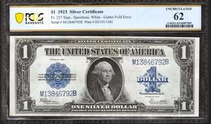 1923 $1 SILVER CERTIFICATE FR.237 PCGS CERTIFIED UNC 62 GUTTER FOLD ERROR (792B) - Picture 1 of 2
