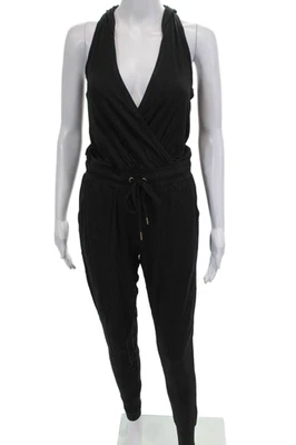 Espléndido mono negro con capucha en la cintura con cordón sin mangas cuello en V para mujer talla XS Foto 1 de 4