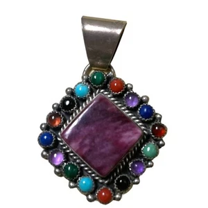Navajo Sterling Silver Purple Spiny Oyster Cluster Pendant Multi-Stone Bohemian - Picture 1 of 2