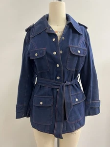 Vintage 60s 70s mod navy blue faux suede jacket w red stitching short trench M - Picture 1 of 7