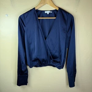 Good American Navy Blue Long Sleeve Satin Faux Wrap Front Size SM Elastic Waist - Imagen 1 de 6