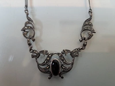 Muy Bonita, Vieja Cadena De Plata 925, Collar Con Ónix Y Marcasita - Imagen 1 de 4