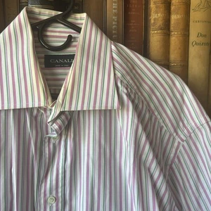 Canali Men's Striped Cotton Shirt - Green and Pink - Picture 1 of 12