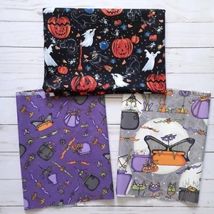 Halloween Themed Fabrics - Set of 3 Pieces - Purple Gray Black -Pumpkin Bat Cat - Bild 1 von 10