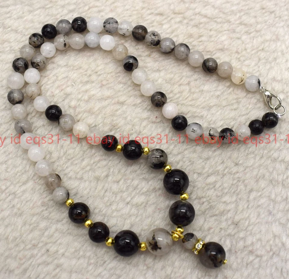 Collar de cuentas redondas rutiladas de cuarzo negro genuino de 6 mm 8 mm 10 mm 18-36"" Foto 1 de 4