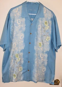 TOMMY BAHAMA Hawaiian Shirt Men's L 100% Silk Short Sleeve Blue Embroidered - Imagen 1 de 14