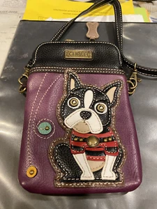 USED CHALA BOSTON TERRIER DOG PUPPY CELL PHONE CROSSBODY PURSE BAG PURPLE - Picture 1 of 4