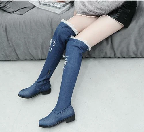 2025 Girl Denim Long Boots Comfort Shoes Over Knee High Student Low Heel Women's - Image 1 of 1