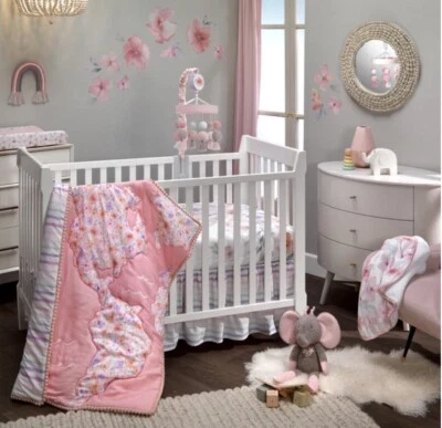 Juego de ropa de cama de bebé Girls Rule The World rosa floral de 4 piezas para cuna Foto 1 de 4