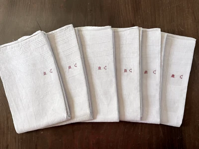 Linge ancien 6 TORCHONS Damas coton métis tissage quadrillé monogramme M.C rouge - Photo 1/4