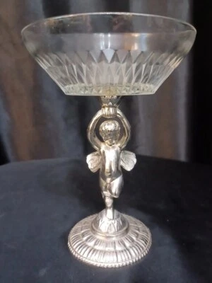 Vintage Soap Dish Trinket Dish Glass Silver Metal Cherub Angel Pedestal  - Image 1 of 4